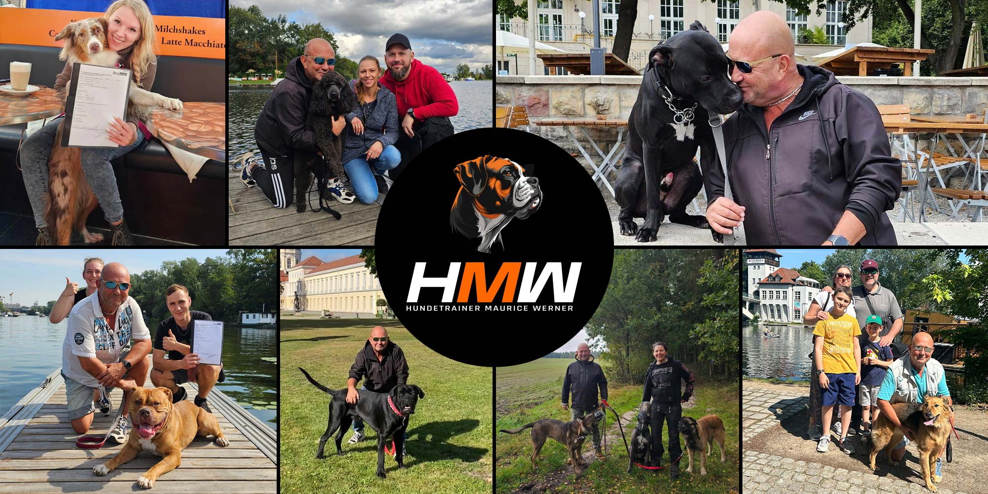 Eine Collage aus sieben Einzelfotos, die Hundetrainer Maurice Werner und verschiedene Kunden mit ihren Hunden in unterschiedlichen Umgebungen zeigen (am Wasser, im Wald, auf Wiesen). In der Mitte der Collage befindet sich ein kreisförmiges Logo mit einem Boxer-Hundekopf und dem Schriftzug „HMW HUNDETRAINER MAURICE WERNER“. Die Bilder zeigen erfolgreiche Trainingsmomente und glückliche Mensch-Hund-Teams.